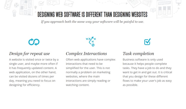 As you scroll down you find a short explanation of the difference between designing software and designing websites: