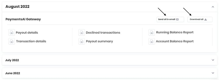 From here, you can expand the month you want to pull the reports for. To obtain all the reports at once, you can use the buttons for Send all in email or Download all.