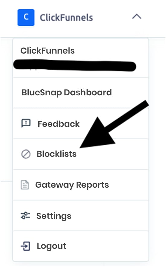 To view, manage or add to your Blocklists, click the name of your company in the top right of the screen. From the drop-down menu, click Blocklists: