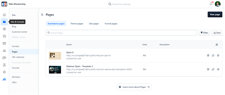Once you’re inside your account, go to “Site & Funnels” on the left side of the screen and then click on “Pages.”