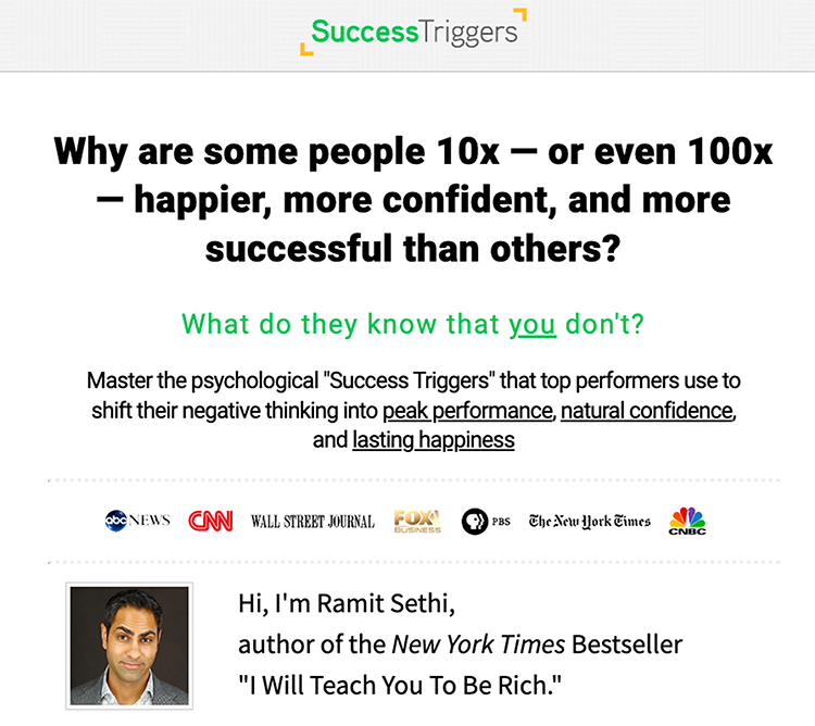 See this formula in action on Ramit Sethi's Success Triggers course landing page: 