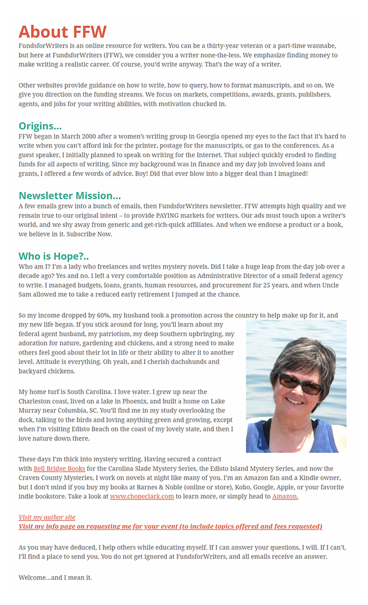 Compare our “About” page to the “About” page for Hope’s newsletter website and you can immediately see the difference. 