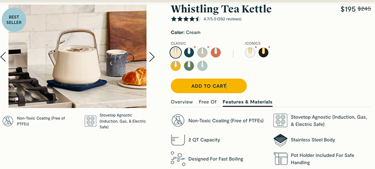Here's an example from Carawayhome's website showing a product with all the relevant features that a customer might need to know before making a purchase decision for a kettle.