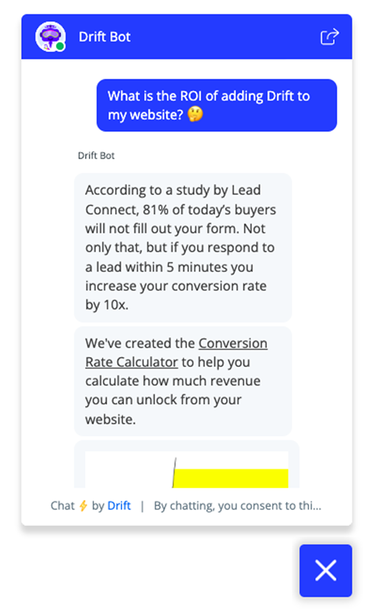 Here's another example from a SaaS website with a chatbot answering the most common questions they get from visitors.