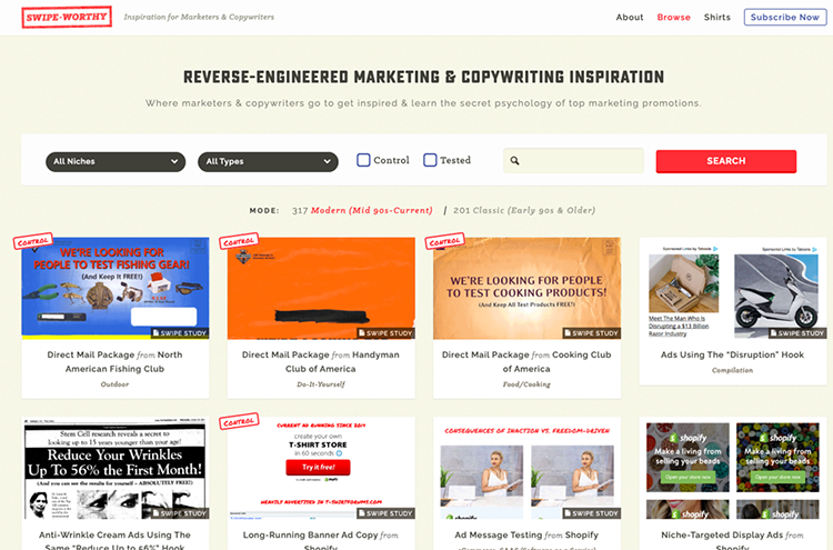 If you’re looking for a vault you can pull from to practice hand-copying ads Swiped.co is a great resource to tap into.