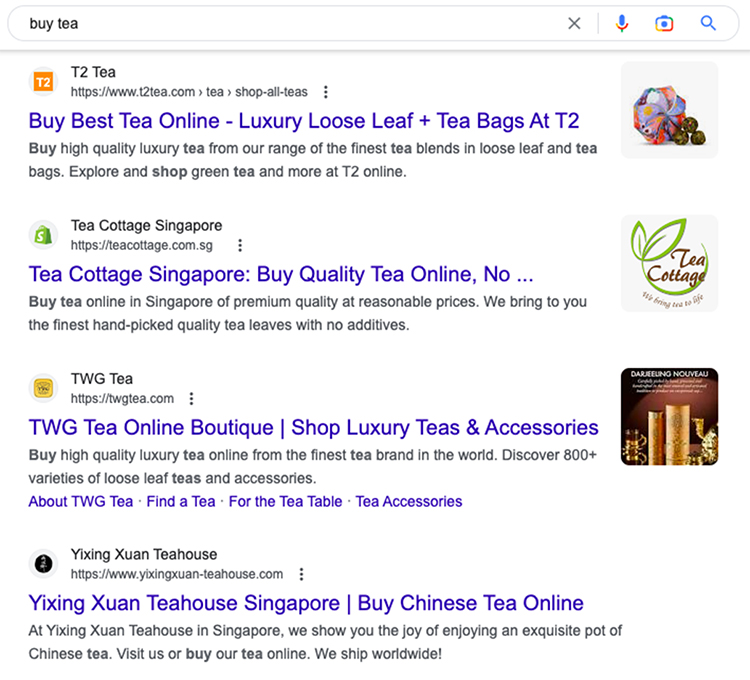 If the user searched for “where to buy tea” or “buy tea”, ranking product pages or sales pages would make more sense.