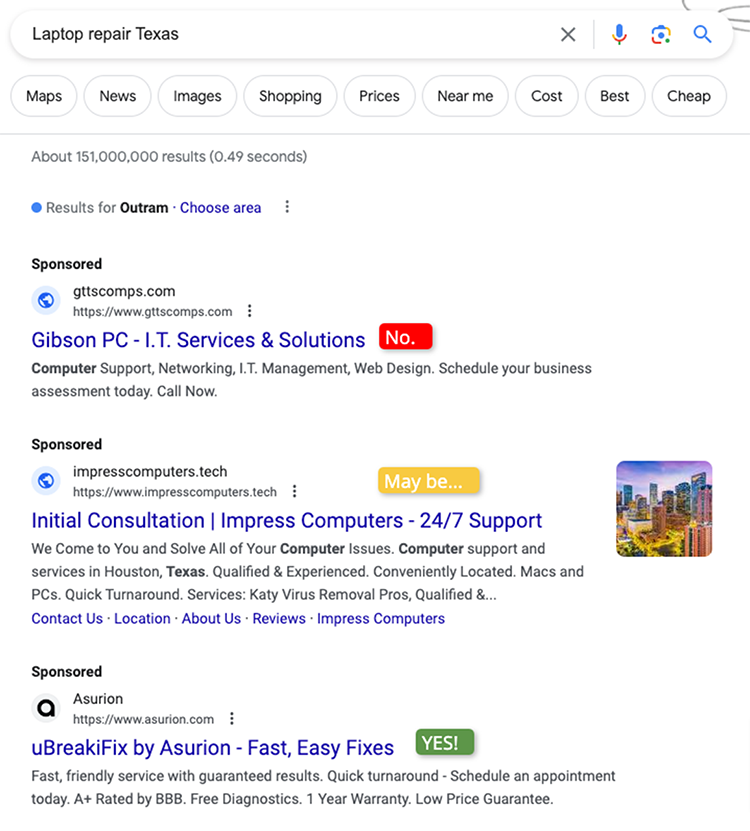 The copy you use for your ads needs to be as effective as possible, 'laptop repair texas' search engine result example. 