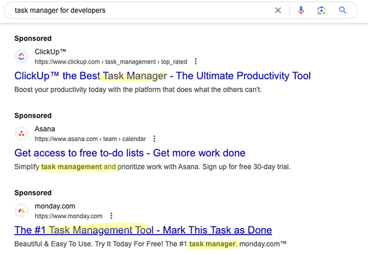Here’s an example from the keyword ‘task manager for developers’: