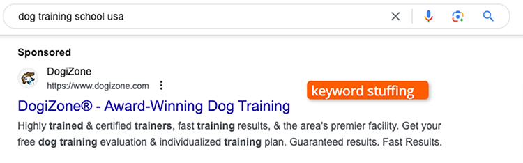 Overloading your ad copy with keywords can lead to a poor user experience -- and potentially have your ads ranking lower