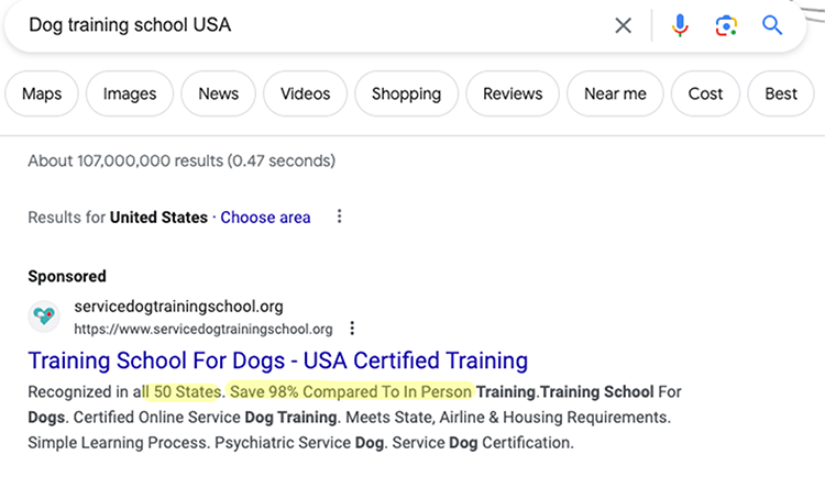 Here’s an example of a great USP for a dog training service, search engine results page.
