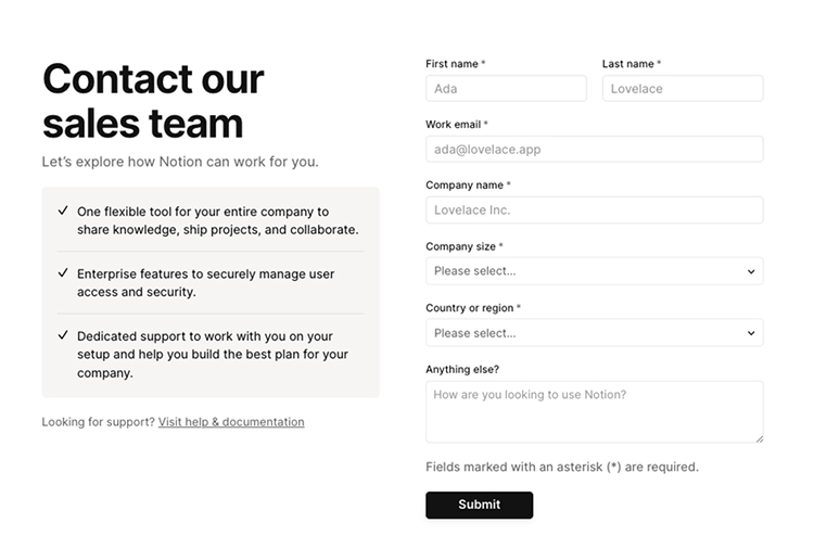 If you’re a software company, though, and primarily receive emails on your contact page from people enquiring about purchasing your products, you can direct them to your sales team: