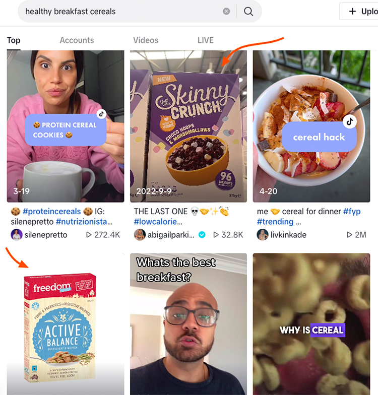 If you’re looking for healthy breakfast cereals, and perform the search on TikTok, you’ll quickly discover 2 brands that are establishing a solid footprint using social media: