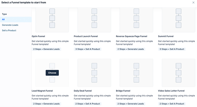 And here’s how you can create a lead magnet funnel with ClickFunnels. Lead Magnet Funnel template selection example.