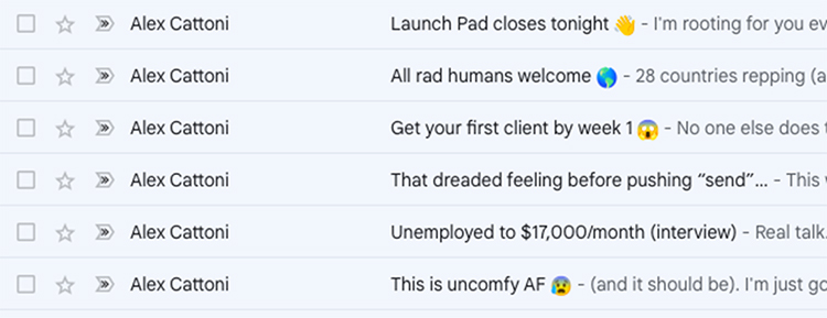 Here's a sneak peek into my inbox showing a set of emails by copywriter Alex Cattoni that follows the soap opera sequence…