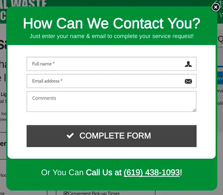 After filling out the survey, the potential customer would be shown a pop-up asking for their contact information:
