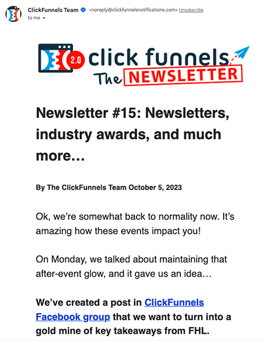 Clickfunnels Industry updates, example.