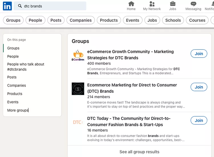 LinkedIn group search dashboard example.