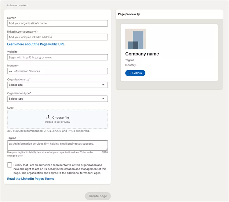 You’ll want to ensure you fill out all the areas shown when you create your LinkedIn page.