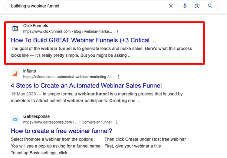 Create top-of-the-funnel content, 'building a webinar funnel' search engine results page.