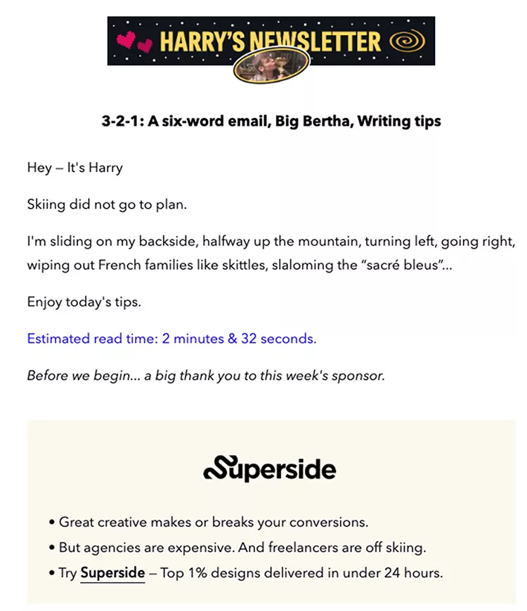 Sponsor Newsletters, Podcasts, or Blogs, Harry's Newsletter example. 