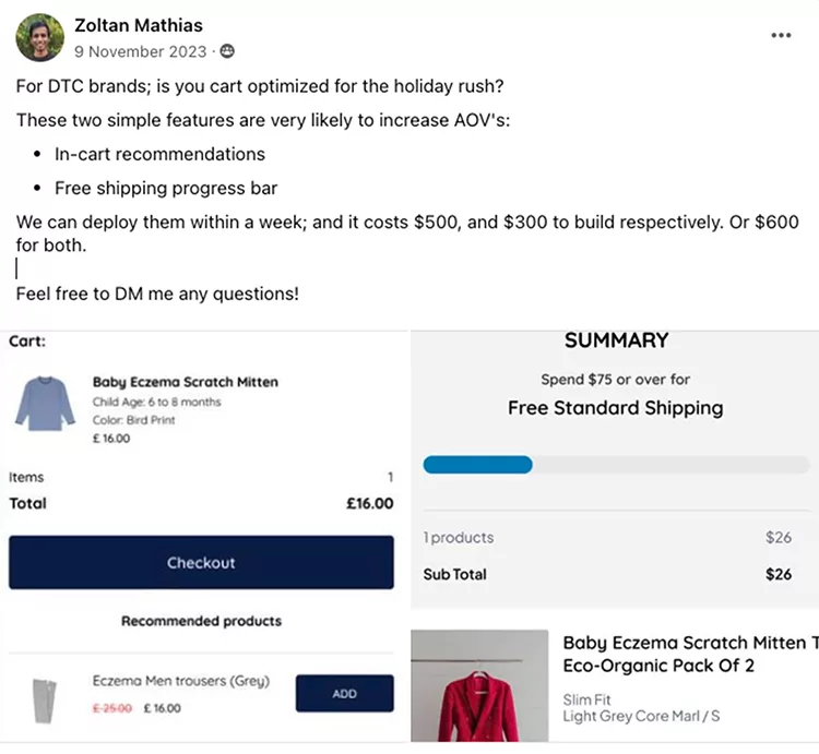 Shopify store owners use influencer marketing to help generate buzz and drive sales, by legitimately helping them inside these small communities, "For DTC brand; is your cart optimized for the holiday rush" example. 