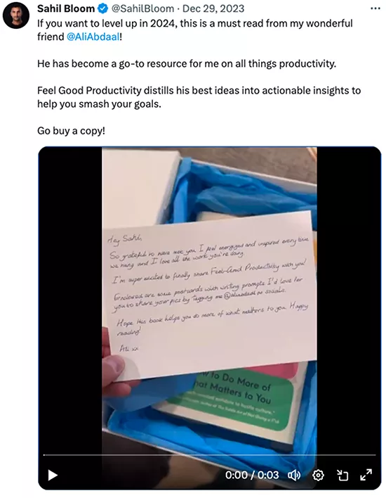 Finally, share your story and how the product came to be to help establish a connection with the influencer and make them more likely to share it with their audience, Sahil Bloom example. 