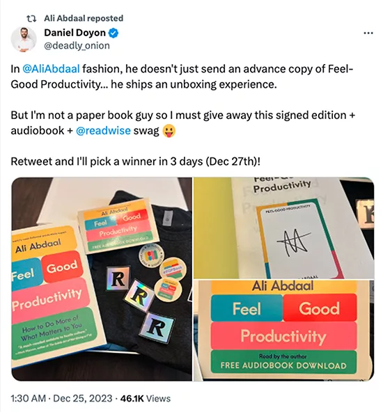 Making your packaging share-worthy helps increase the chances they’ll post about it, too. Advance copy of 'Feel Good Productivity', book example. 