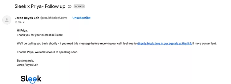 Sleek, followup email example.