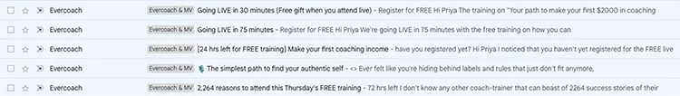 Evercoach masterclass email sequence example. 