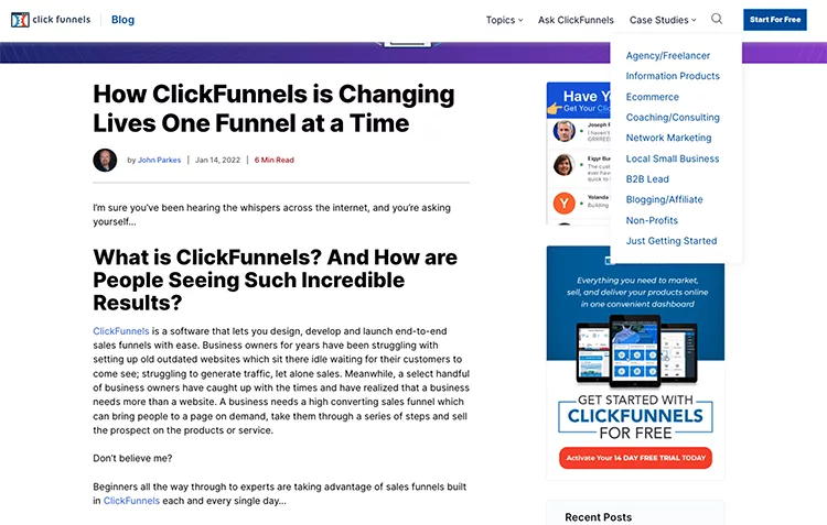 ClickFunnels, we also use our blog to show exactly how powerful our software is and how a wide range of businesses are using it to fuel their growth, Clickfunnels Blog example. 