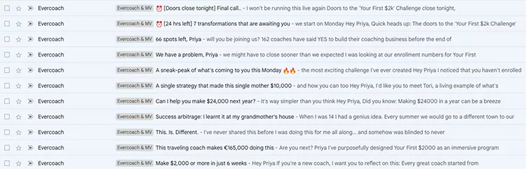 Then, after the webinar, Evercoach begins sharing details for the course, email example. 