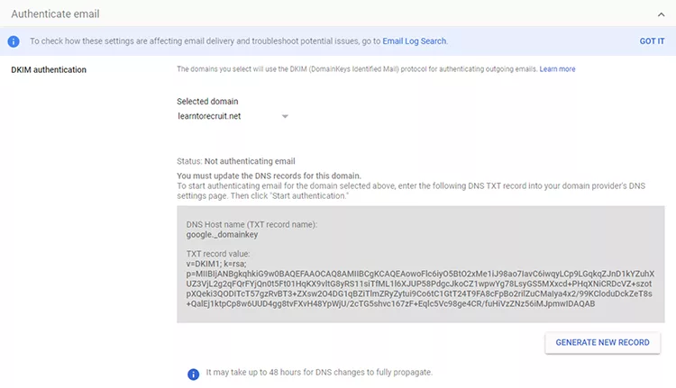 Authenticating email, generating a DKIM key pair through the provider you use, process instructions example. 