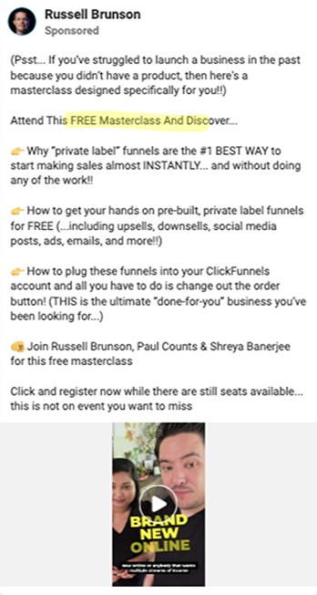 Run Facebook Ads With Lead Magnets, Russel Brunson example. 