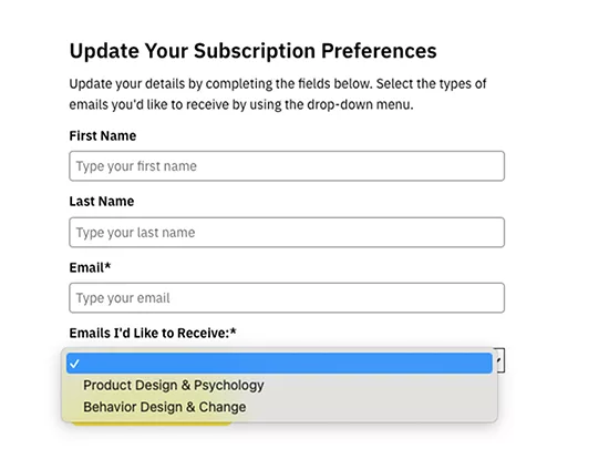 Update Your Subscription Preferences, page example. 