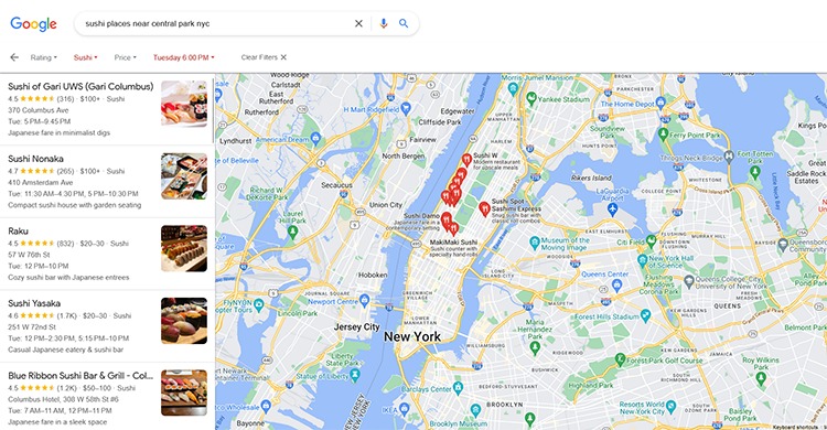 Screenshot of a Google Maps search for sushi places near Central Park, NYC. List on the left shows 5 sushi restaurants, map on the right has red pins for sushi locations. Central Park is visible in the center.