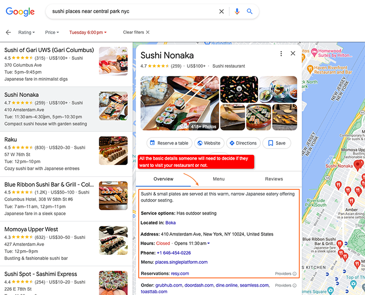 Google search results for "sushi places near central park nyc," showing restaurant listings with details and a map on the right, highlighting "Sushi Nonaka.