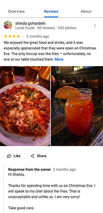 A user review shows a pizza, fries, and a drink. Text indicates the food was enjoyed, with a comment on untouched fries. Business owner responds, apologizing for the issue with the fries.