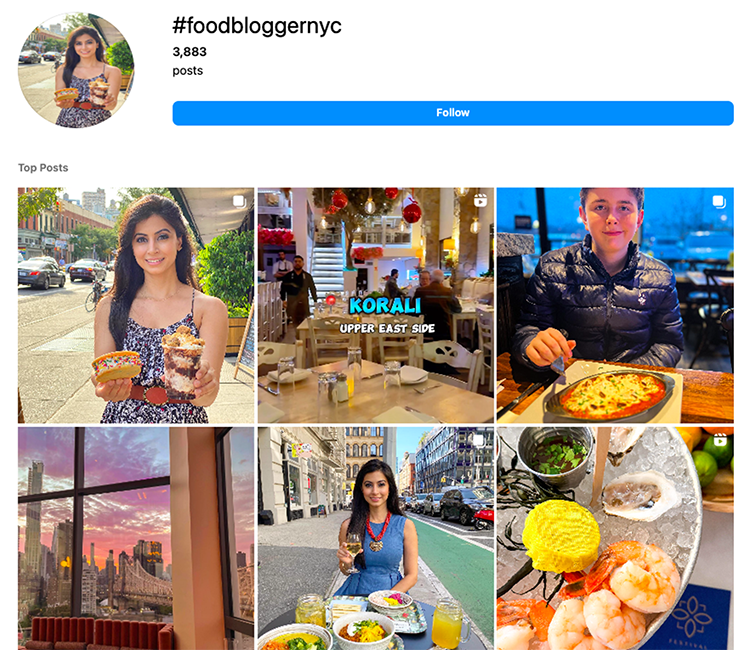 A collage of food blogger photos shows meals in restaurants, scenic views, and the blogger posing with food.