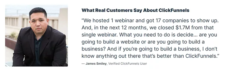 A man in a suit sits while a testimonial beside him states the success achieved with ClickFunnels, highlighting $1.7M revenue from a webinar and emphasizing the platform's advantage for building businesses.