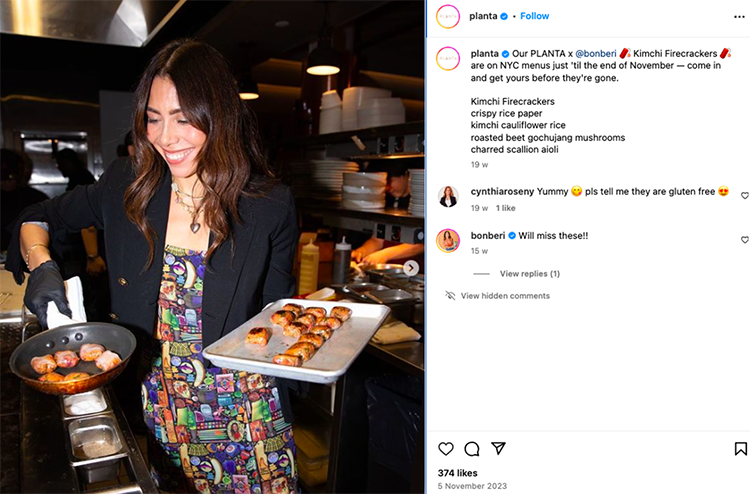 A woman is cooking in a commercial kitchen, holding a frying pan in one hand and a tray of food in the other. The Instagram caption mentions "Kimchi Firecrackers" and their ingredients.