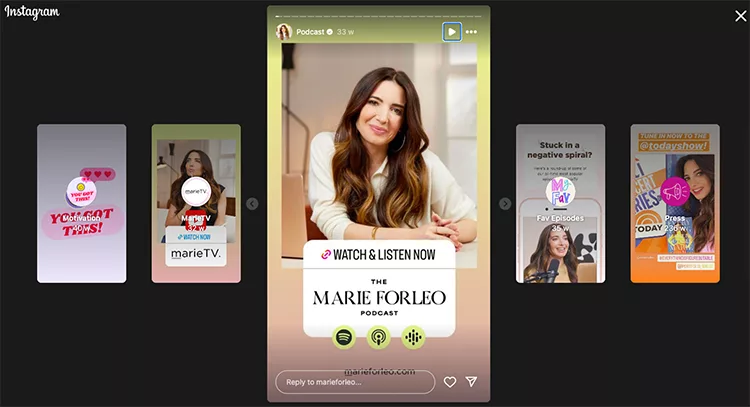 A woman with long brown hair appears on a phone screen displaying various promotional images and text about "The Marie Forleo Podcast." Circular icons for streaming platforms are shown below her.