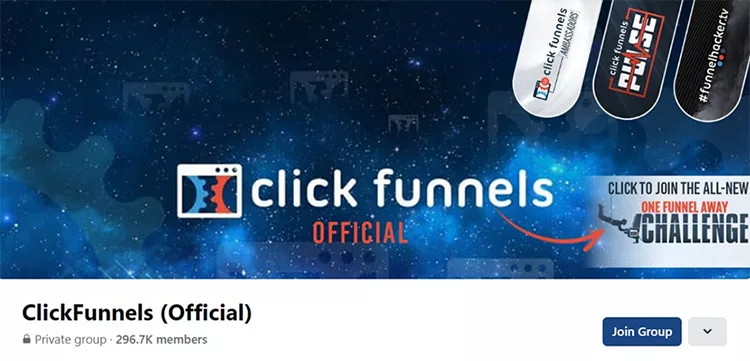 ClickFunnels (Official) Facebook group page with a Join Group button and 296K members. The background features the ClickFunnels logo and promotional graphics.