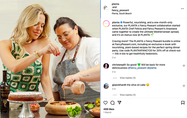 Chef Felicia and chef Anastasia prepare food together in a kitchen. A round cake, bowl of olives, and plates with garnishes are on the counter. Instagram post by "planta" details a collaboration event.