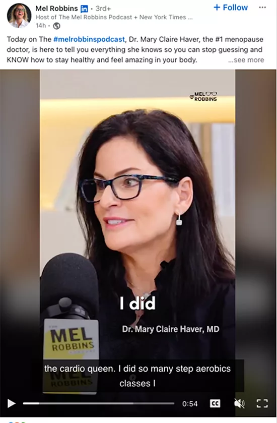 Dr. Mary Claire Haver, MD, speaks into a microphone during an interview on the Mel Robbins podcast. She wears glasses, a black top, and appears to be discussing health and fitness.