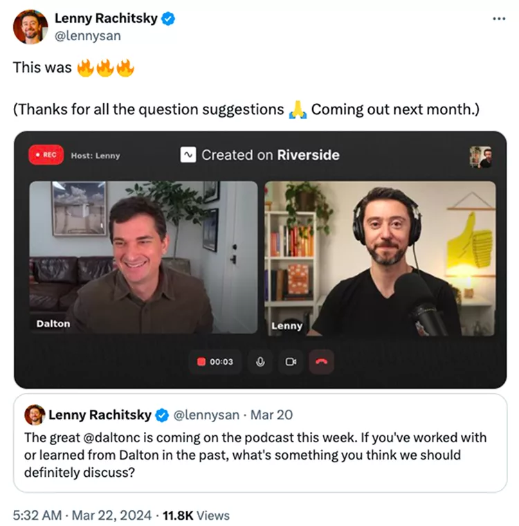 Screenshot of a tweet from Lenny Rachitsky with an embedded podcast recording video. The tweet discusses an upcoming podcast episode featuring Dalton and requests topic suggestions.