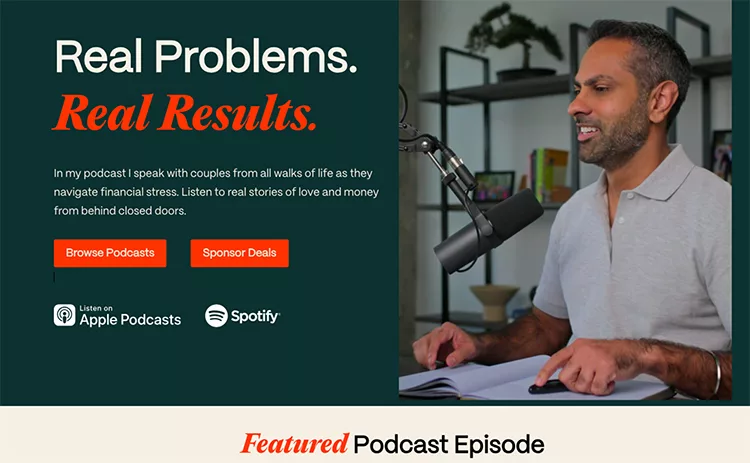 A man speaks into a microphone during a podcast recording in a studio. Text on the image promotes his podcast titled "Real Problems. Real Results." and mentions Apple Podcasts and Spotify.