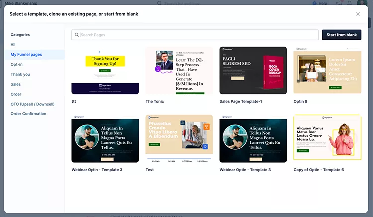 A screen displaying eight templates with a navigation menu on the left and a search bar at the top, used for selecting or creating a page in a website or marketing funnel platform.