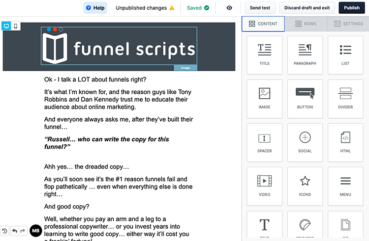 Screenshot of a content editing interface displaying text about marketing funnels with the title "funnel scripts" at the top. Icons for various content elements like text, images, and buttons are on the right.