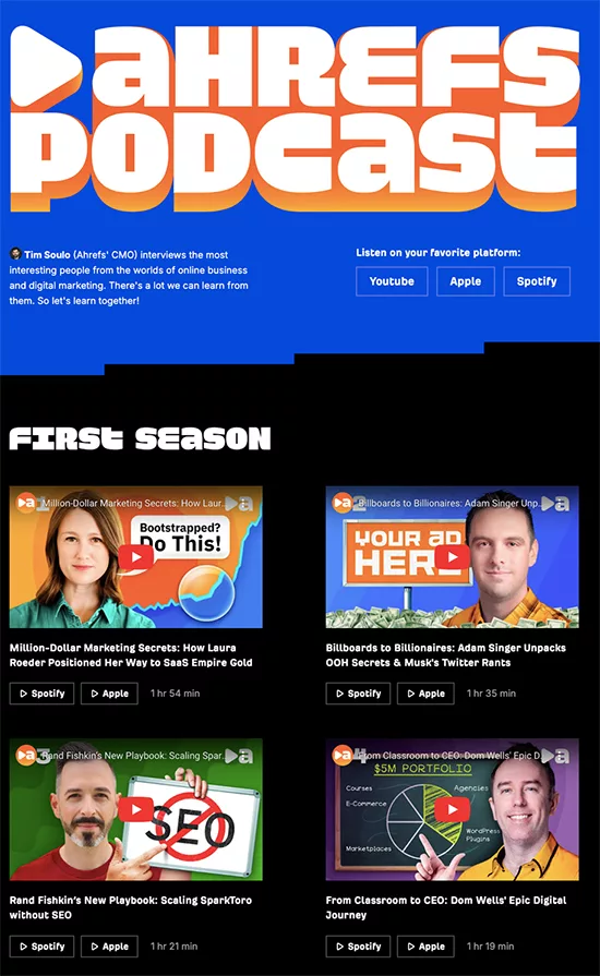 Ahrefs Podcast webpage featuring episodes on marketing and business growth. Episodes displayed include interviews with prominent figures discussing strategies and insights for business success.