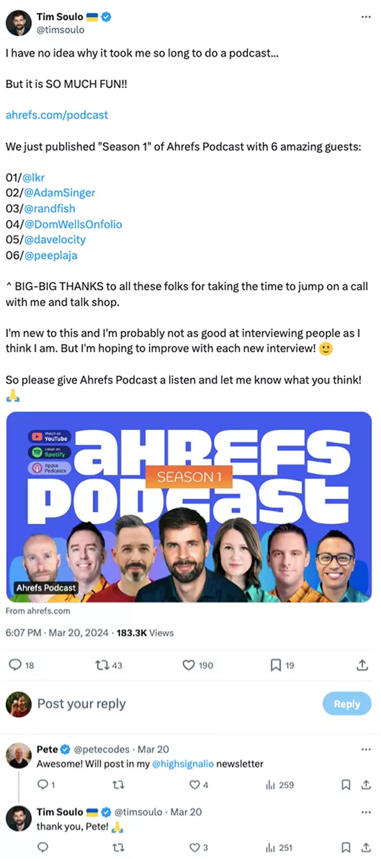 Tim Soulo's tweet announces the "Season 1" release of the Ahrefs podcast with six guests. The tweet includes a link and an image featuring the podcast cover art with highlighted guest names.